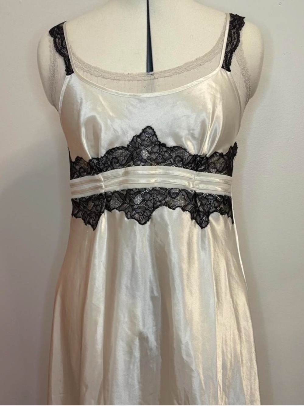 Silk-Feel Ivory slip dress with Black Lace Trim